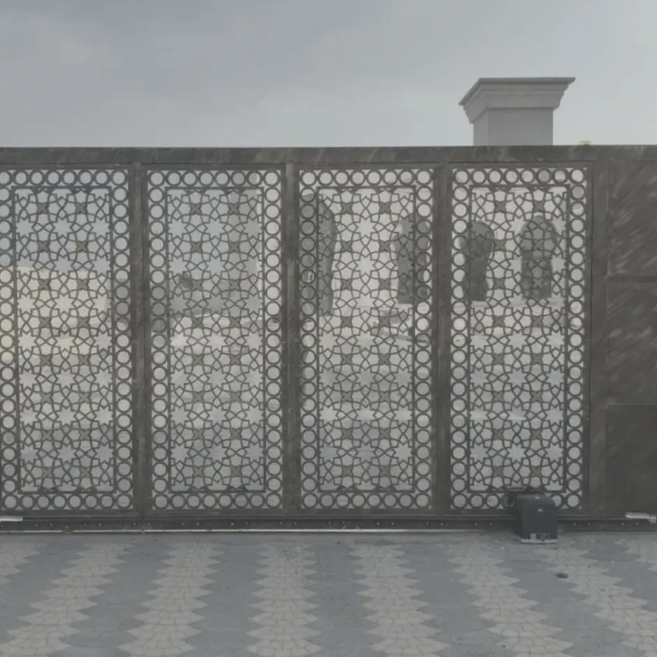 Sliding gate with four laser-cut geometric panels in a bronze finish, between two rendered pillars