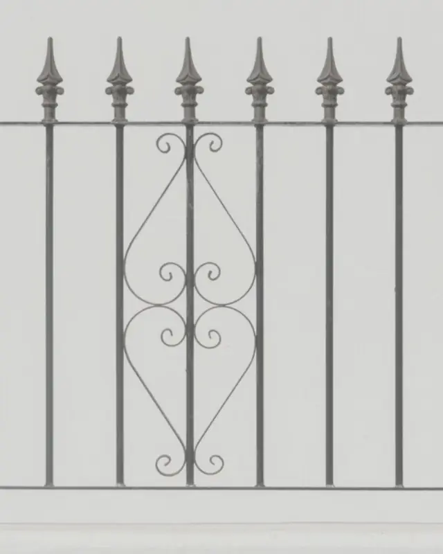 Black railing with spear finials and a scroll centre panel