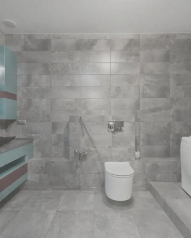 Bathroom with floor-to-ceiling stone-look tiles, a wall-hung toilet with a hand spray and a raised bath step
